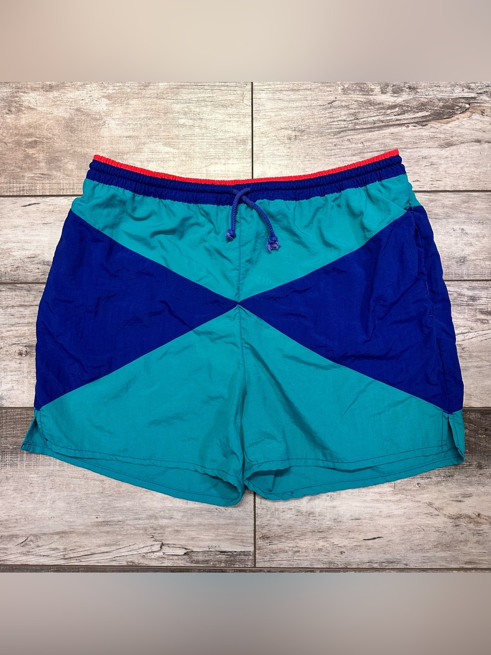 Vintage 90s Colorblock Teal & Blue Men's Swim Trunks
